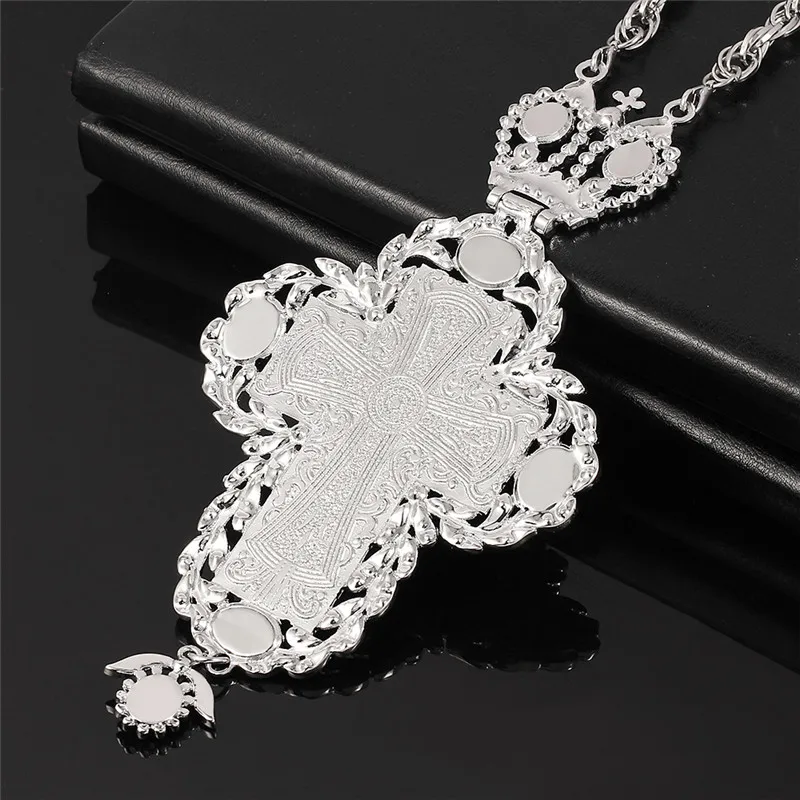 Silver Plated Alloy Chain Bishops Pectorale Cross Pendant Greek Orthodox Pectoral Cross Crucifix Necklace with Box