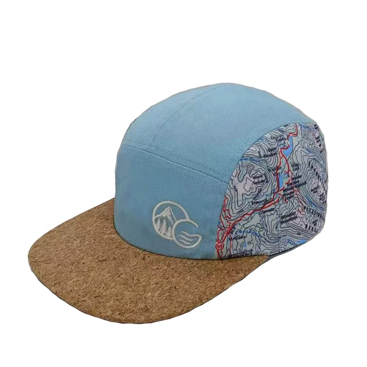 Wholesale Custom Fitted 7 Panel Cork Brim Dad Cap Unstructured Side Map Pattern Print On Hat Leather Buckle Snapback Hat For Man