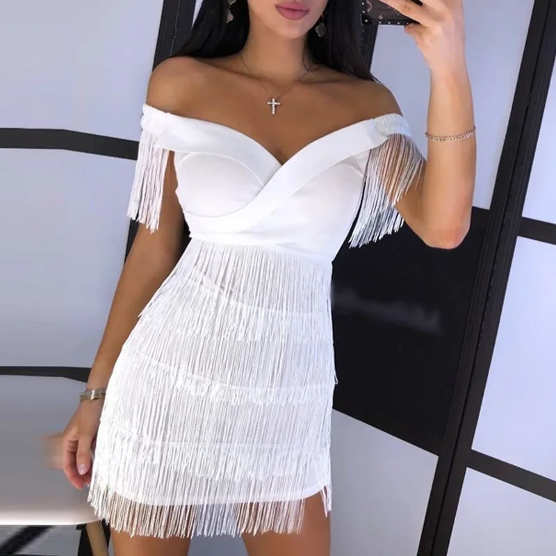 2020 New Arrival High Quality Women off shoulder summer slim Tassels party mini women evening dresses