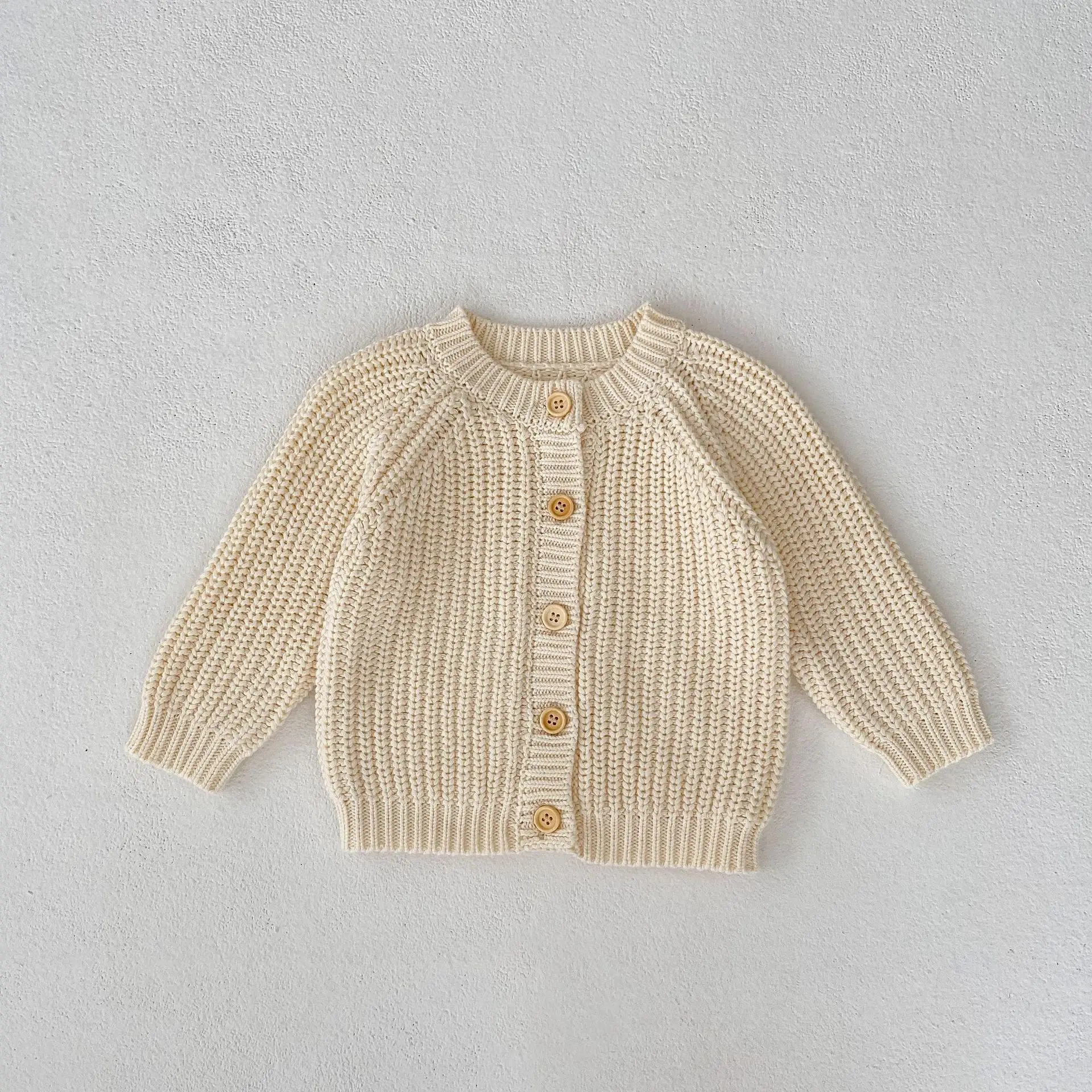 Cotton Cable Knitted Baby Sweater Baby Girl Cardigans with Poms Beanie Set