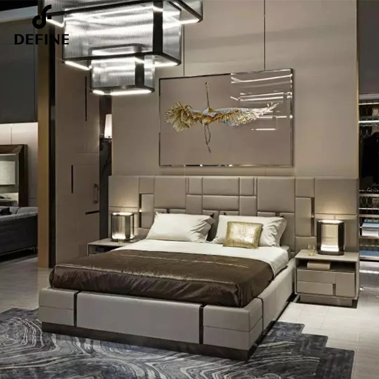 Italian design bedroom furniture big headboard leather luxury king size bed