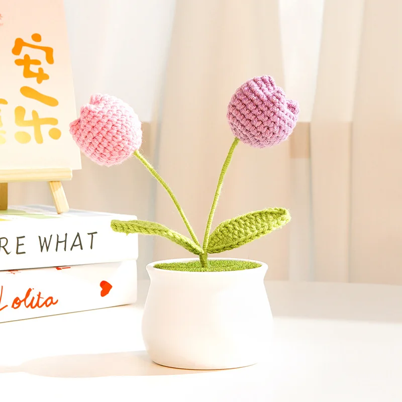 Wholesales Handmade Knitted Wool Artificial Sunflower Lily Christmas Tree Small Crochet Flower pot For Girl Gift