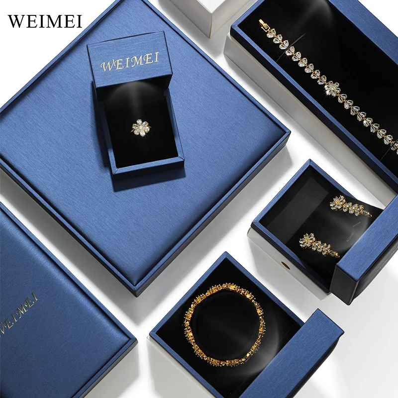 WeiMei high-end custom blue pu leather light jewelry set packaging box with led ring necklace pendant packaging & display