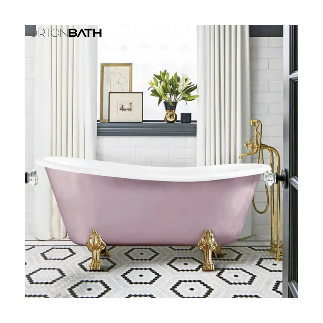 ORTONBATH розовая напольная чугунная белая эмалированная Ванна ручной работы для ванной комнаты ванна без смесителя