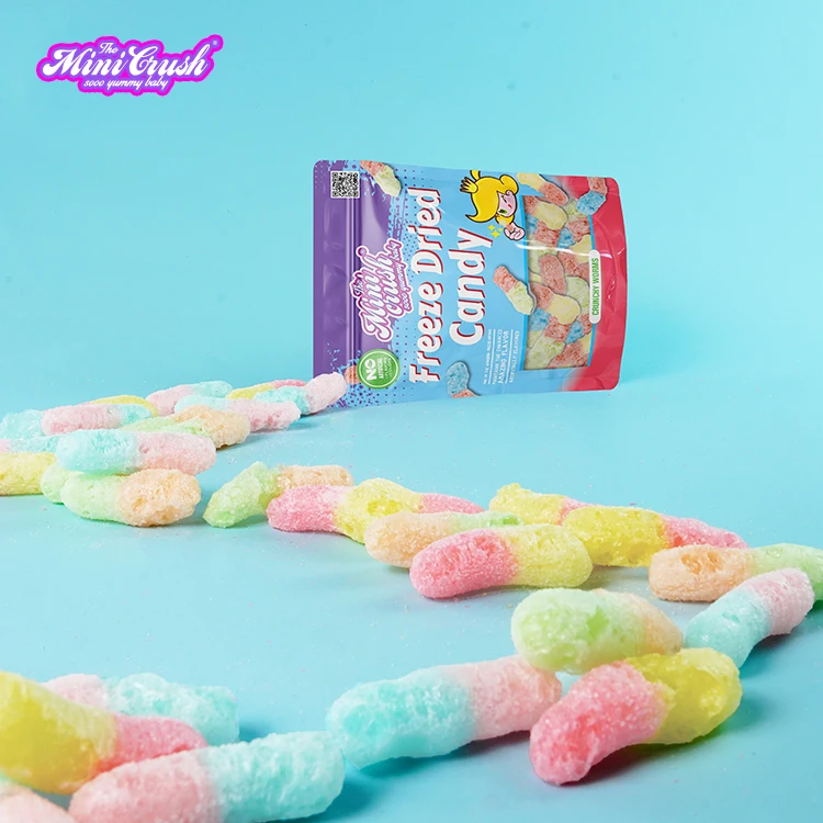 cartoon candy Crunch puffed Candies Wholesale Custom Freeze-Dried gummy sour worms Candy with natural colors&flavors