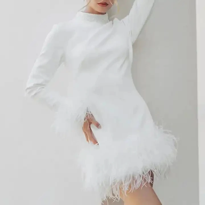 2023 vestidos casual custom designer fashion boutique summer elegant luxury long sleeve white mini dress women with feather