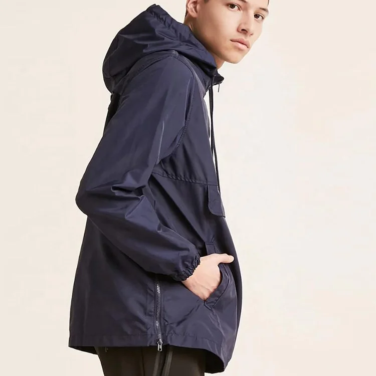 
custom pullover windbreaker men nylon half zip anorak jacket with front flap pocket drawstring hood with mesh lining 