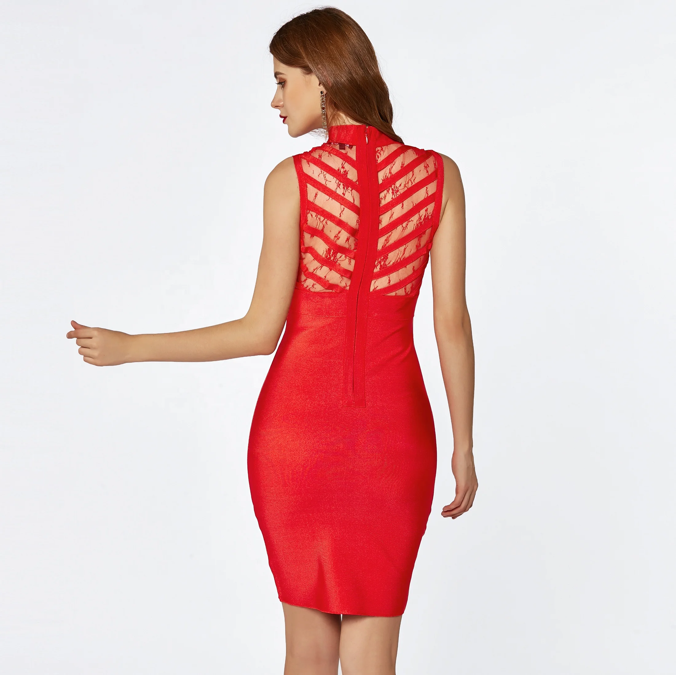 2020 Factory classic red lace evening party midi dresses ladies bodycon bandage dress sexy