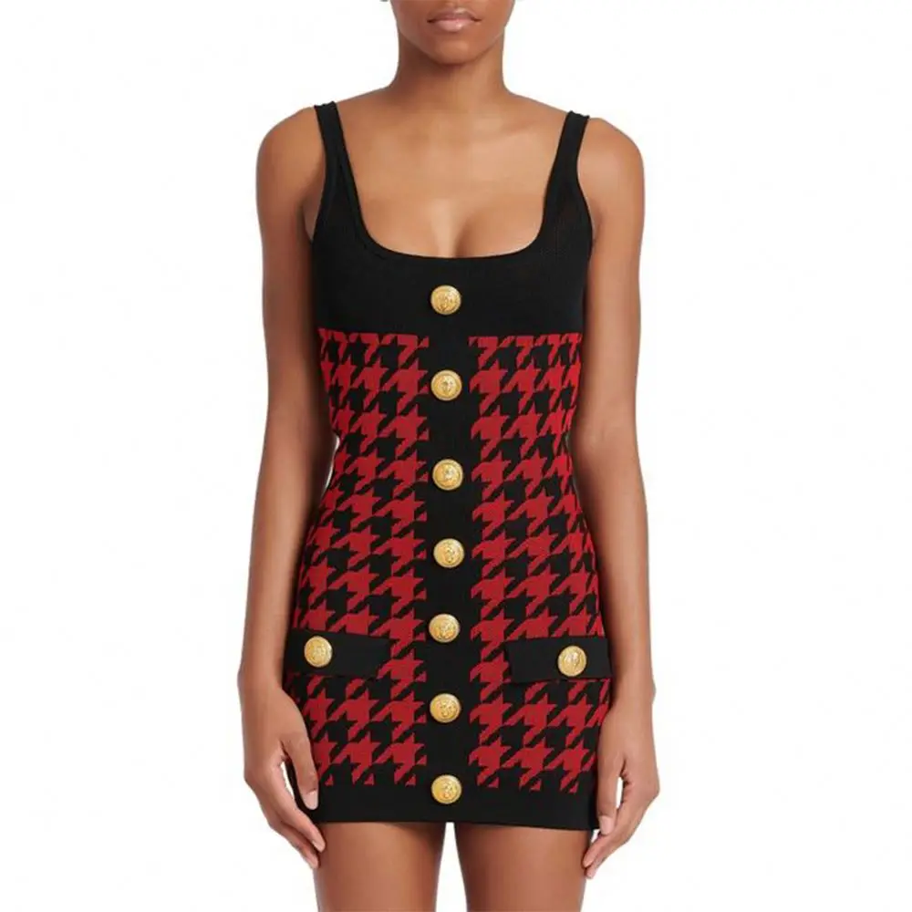 Plaid Dress Houndstooth Fashion Knitted Long Lady Elegant Summer Girls Casual Womens Dresses Knitting Dresses