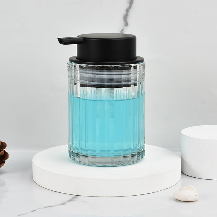 250 ml 8 oz Straight Cylindrical Vertical Stripe Glass Liquid Soap Dispenser with Matte Black Big Plastic Lotion Pump