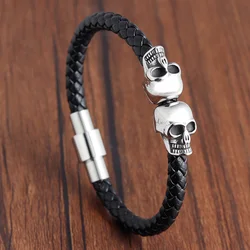 2021 Fashion Silver Stainless Steel Jewellery Skull Bracelet Natual Leather For Men Wholesale