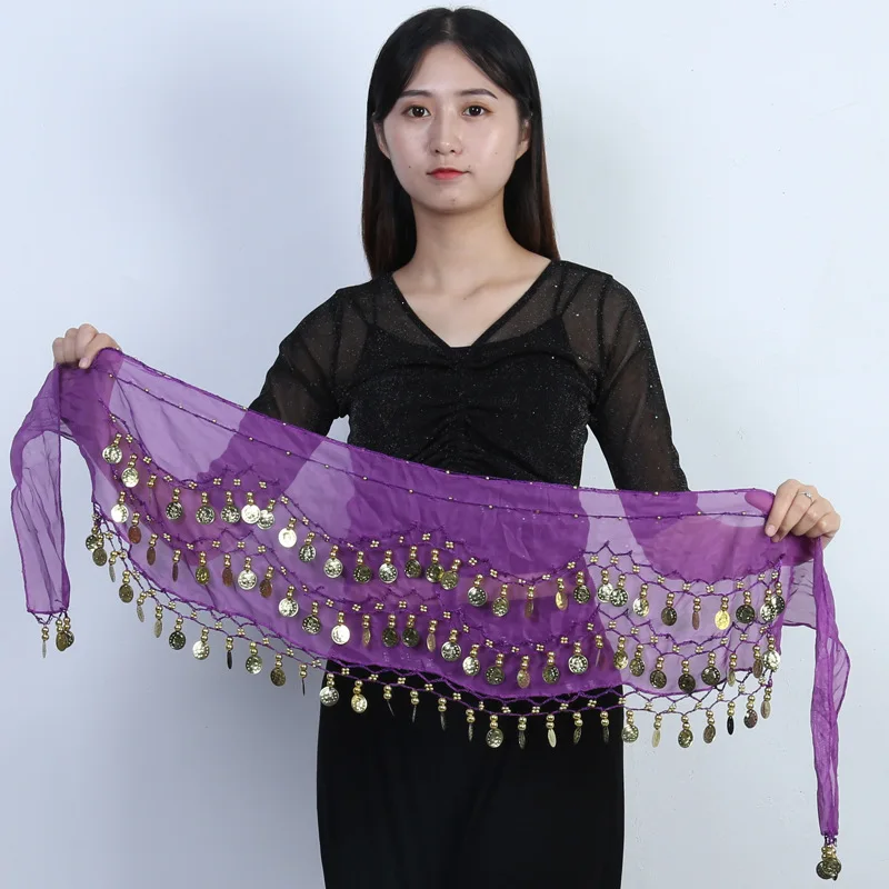 Belly dance waist chain Chiffon triple gold belt Indian dance practice Performance hip scarf scarf Clothing and accessories