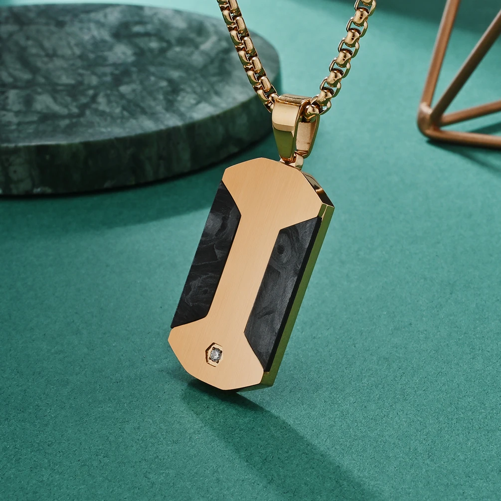 Alin Stainless Steel Black Carbon Fiber Inlay Necklace for Men Cz Stone Pendant Custom Jewelry For Him