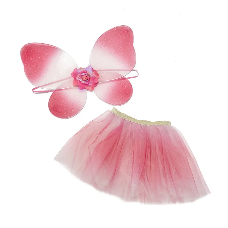 Pink rose tutu Fluffy tulle skirt Short Princess skirt + Butterfly fairy wings set tutu performance costume tutu set for girls