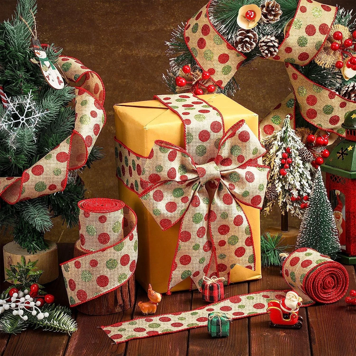 OKAY Christmas Glitter Green Red Polka Dot Printed  Wired Edge Burlap Decorative Ribbons for DIY Craft Bows