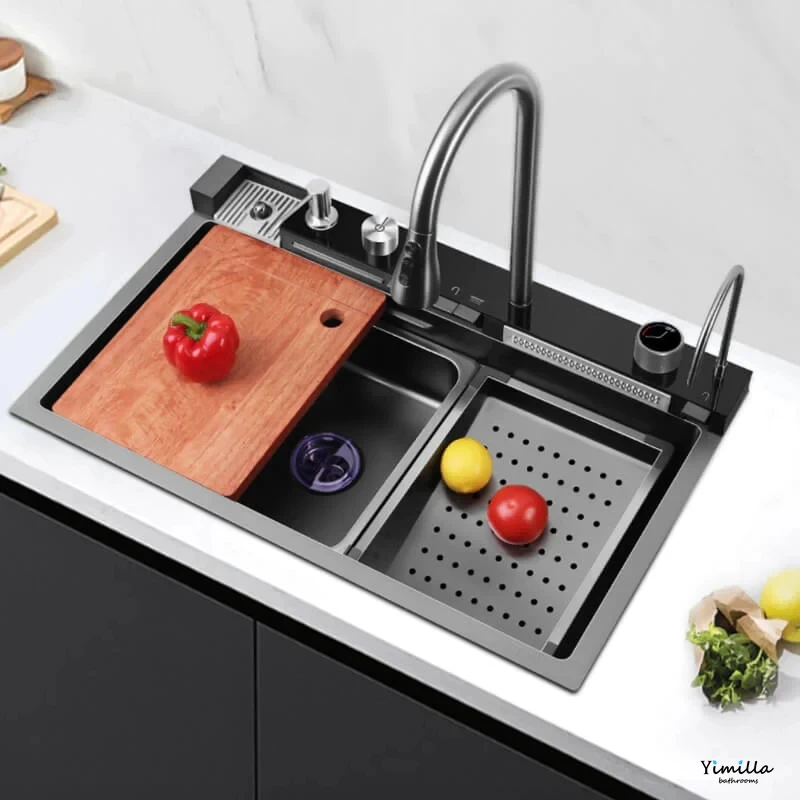 New Trend 304 SS Multifunctional One Piece Automatic Cup Washer Piano Digital Display Two Waterfall Faucet Kitchen Sinks