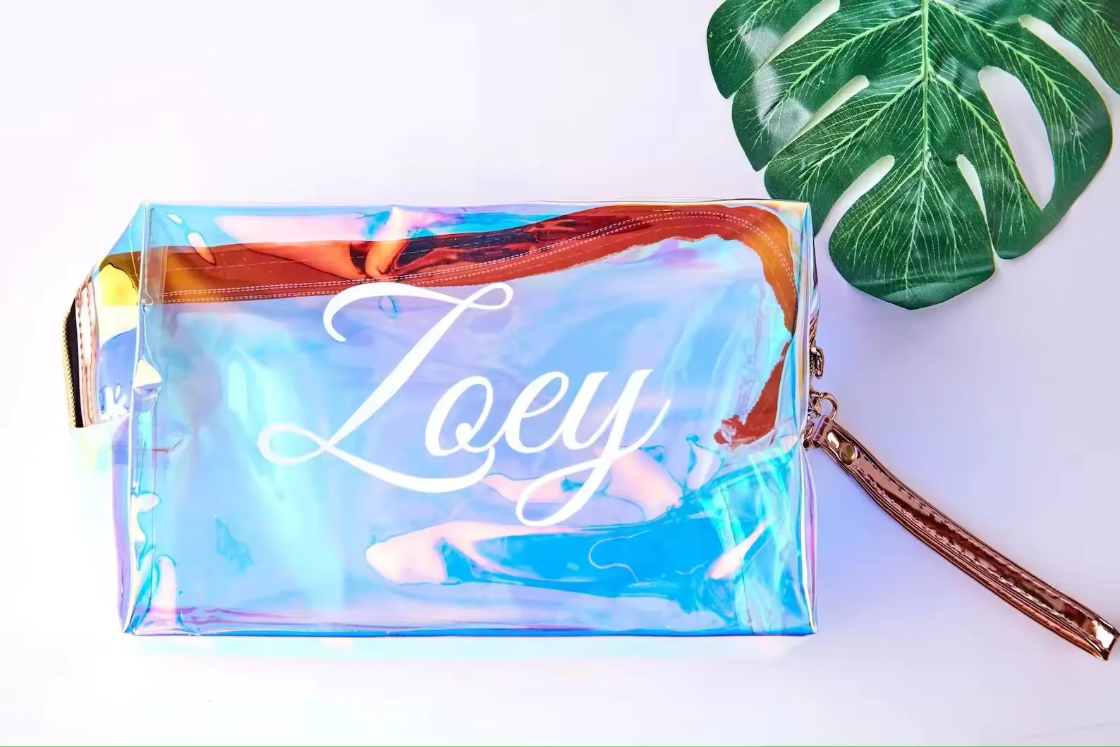 Custom logo travel laser PVC TPU iridescent cosmetic pouch zipper makeup Bag with Wrist Strap