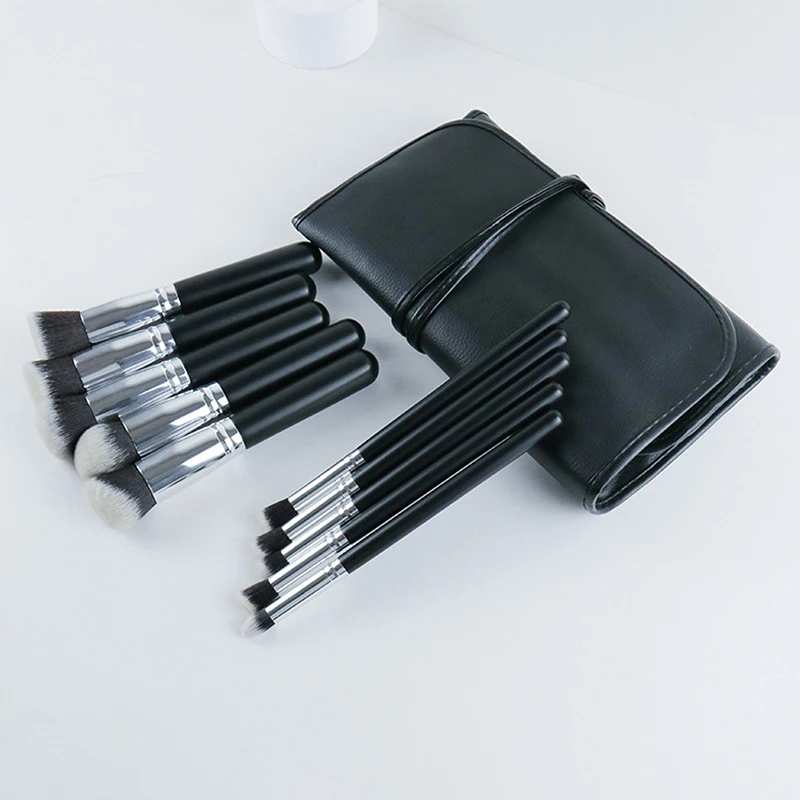Custom Logo Cosmetic Make Up Brush Kit Cruelty Free 10pcs Classic Black Wood Handle Vegan Hair Makeup Brush Set