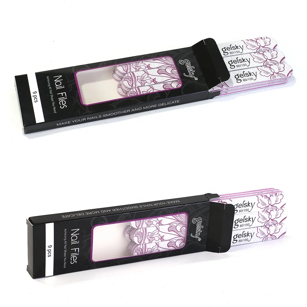 Gelsky Custom Printed Nail Files 80 150 Double Sided Emery Board 9 Pcs Straight Shape Disposable Nail Tool Nail File Set