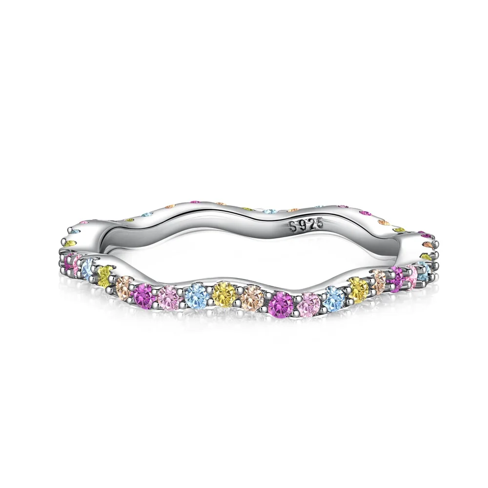 Factory Price Wave S925 Sterling Silver Eternity Ring Band Rainbow Colorful Pink Diamond Cz Cubic Zirconia Rings Jewelry Women