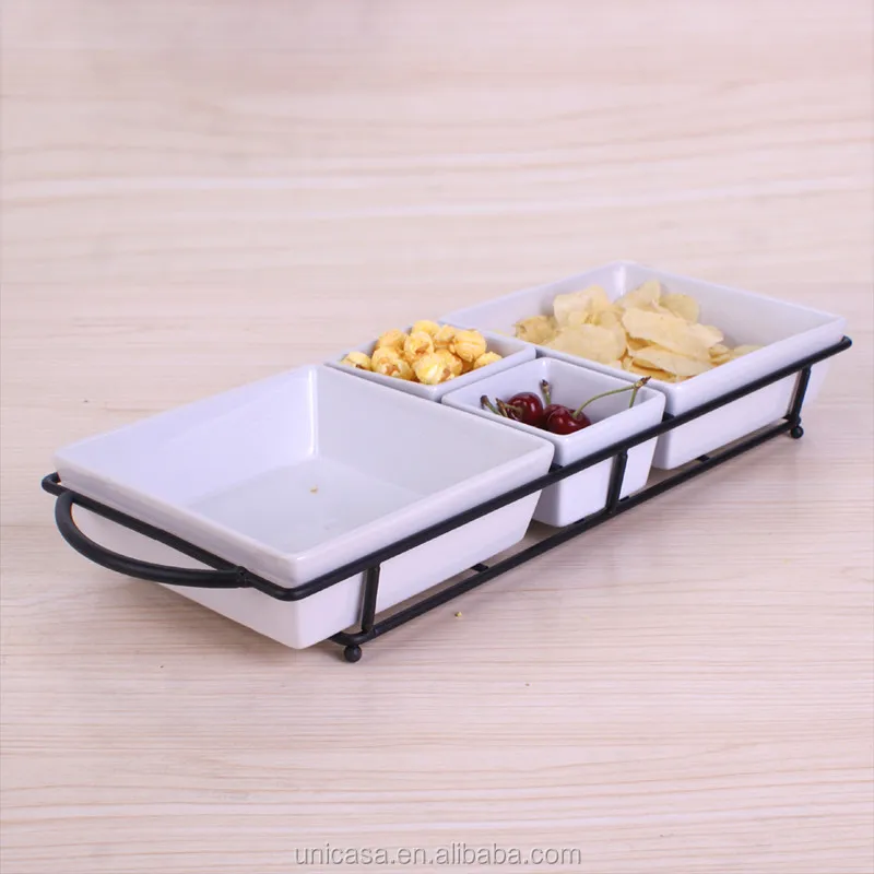 Hot Selling Snack Food Ceramic Dish Tableware White Ceramic Snack Bowls  With Metal Stand