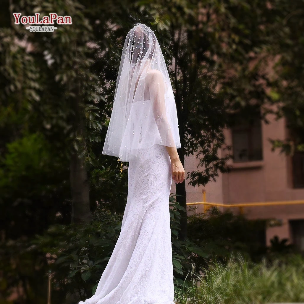
YouLaPan V08 Long Tulle White Pearl Bridal Veil Cathedral Veil for wedding Dress Accessories 
