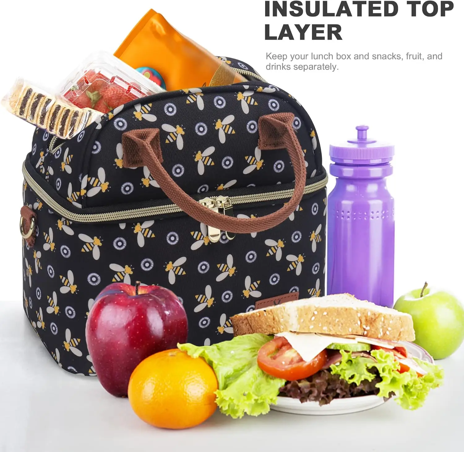 Portatil Lunch Bag con Bandolera para Trabajo Escuela Picnic Floral Bolsa Termican Porta Alimentos cooler bag
