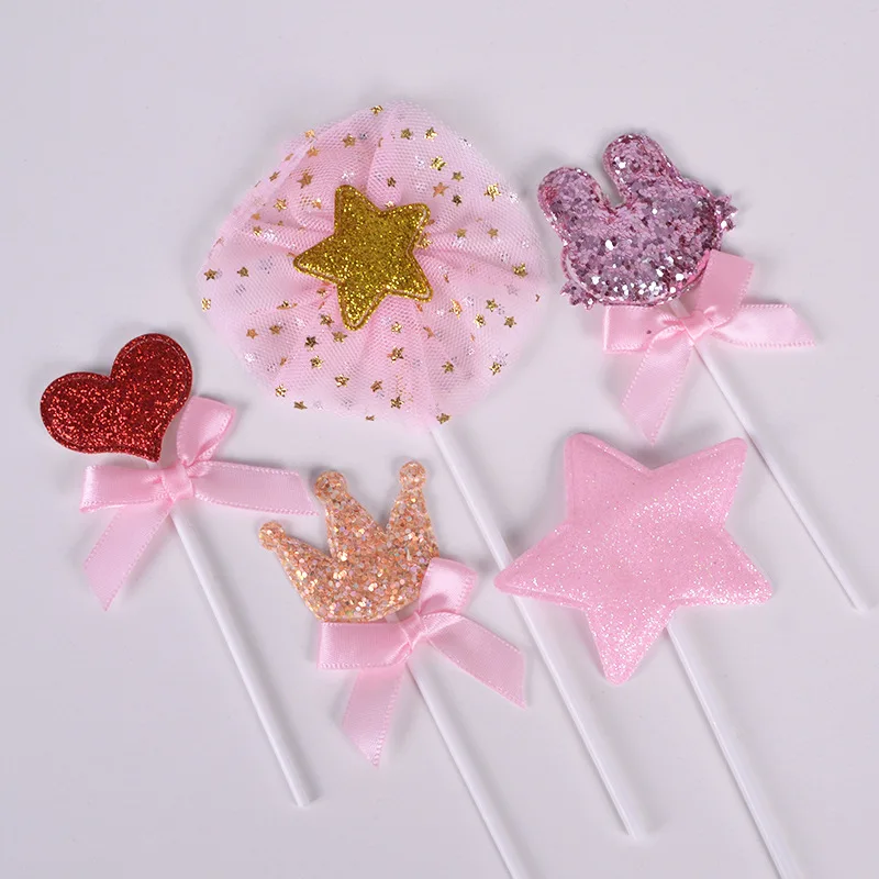 5 Pcs/Set Lase Heart Crown Rabbit Head Star Cake Toppers for Girls Birthday Party Decoration