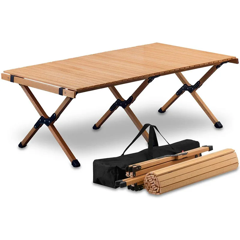 wholesale good quality durable wooden outdoor foldable portable three legs fold away camping table with storage bag
