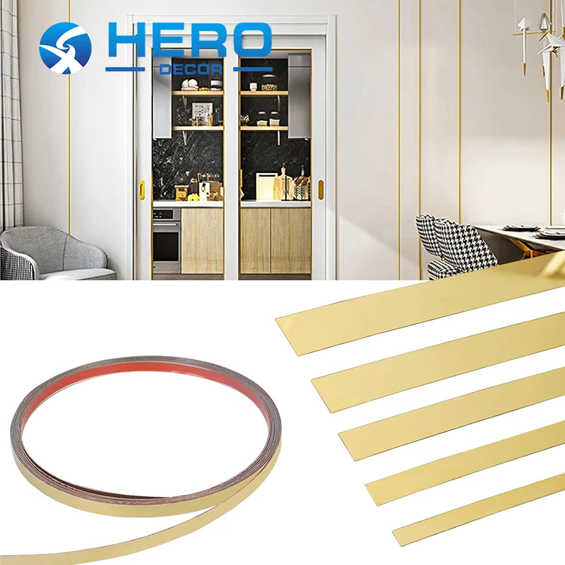 HERO Metal Wall Mirror Stainless Steel 201 & 304 Sticker Adhesive Metal Gold Wall Tile Edge Trim Flat Strip