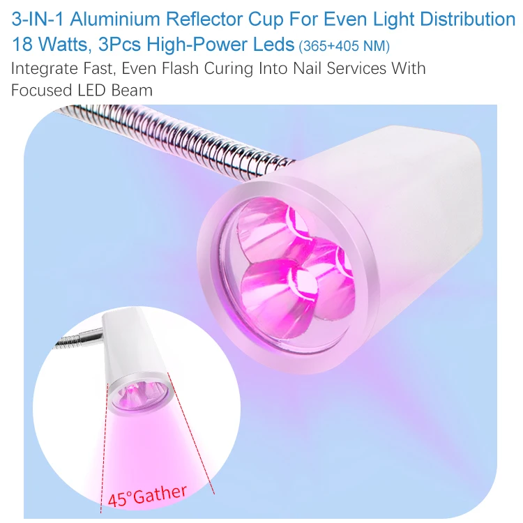 Light Speed Flash Curing 360 Degree Freedom Adjustable 3-In-1 Portable And Desktop Rechargeable Focused Beam LED Nail Lamp 18W