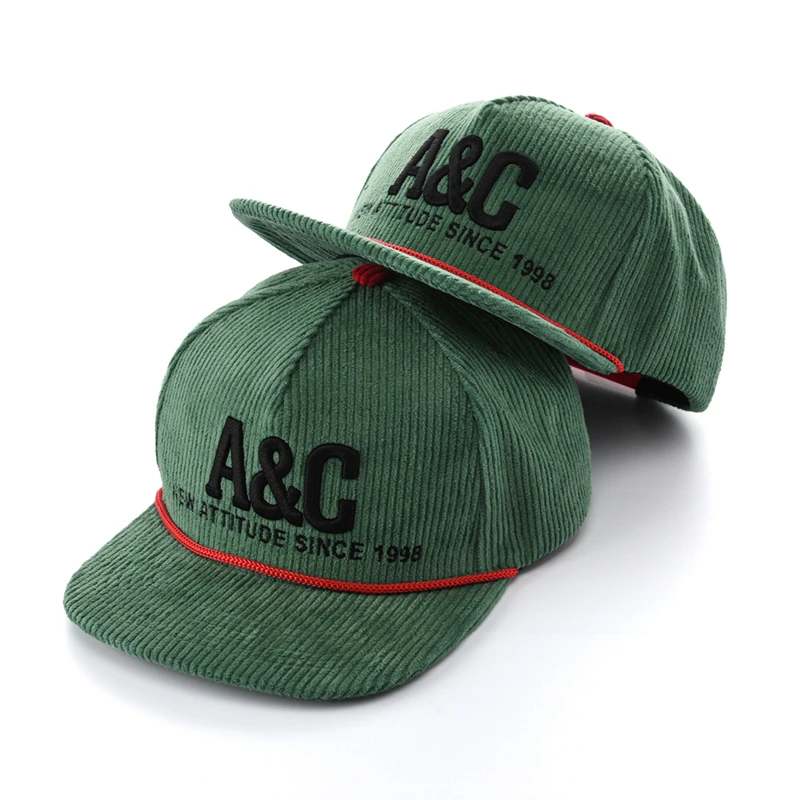 BSCI OEM Custom Logo 5 Panel Rope Snapback Cap Flat Bill Unstructured Gorras Fitted Men Blank Plain Corduroy Hats with Rope