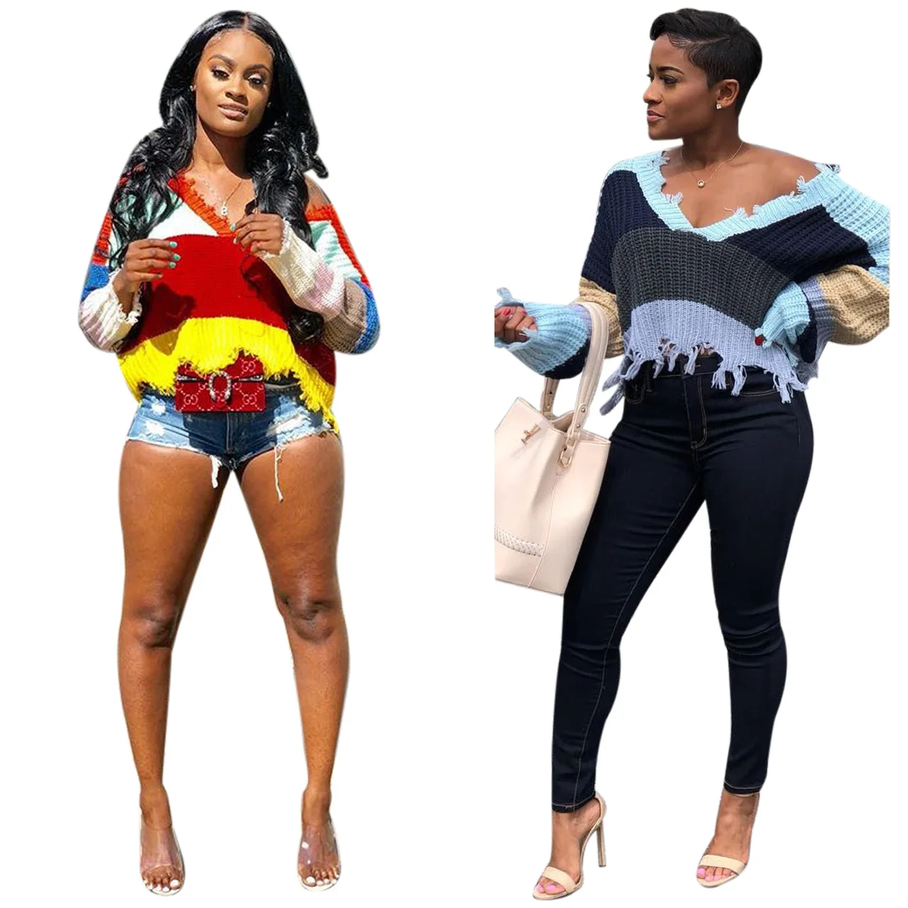 
HD493 2021 Custom Ladies Colorblock Long Sleeve Batwings Distressed Pullover Sweaters Women Striped Sweater Tops For Women 