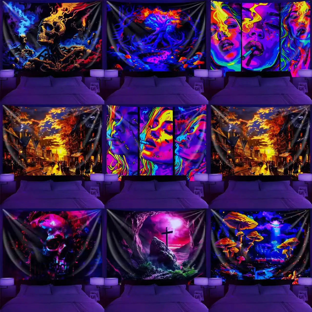 Fluorescent UV Reaction Printed Pattern Wall Hanging Tapestry Blacklight Tapestry for Home Decor