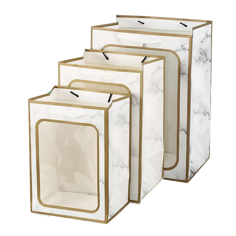 Custom logo wedding  flower Packaging cardboard gift shopping Bag Reusable kraft paper bags with PVC transparent window