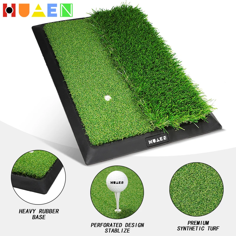 HUAEN GOLF Hot-selling Golf Course Skidproof Rubber Tri-turf Mini Hitting Mat Putting Practice Golf Mat The pair of grass