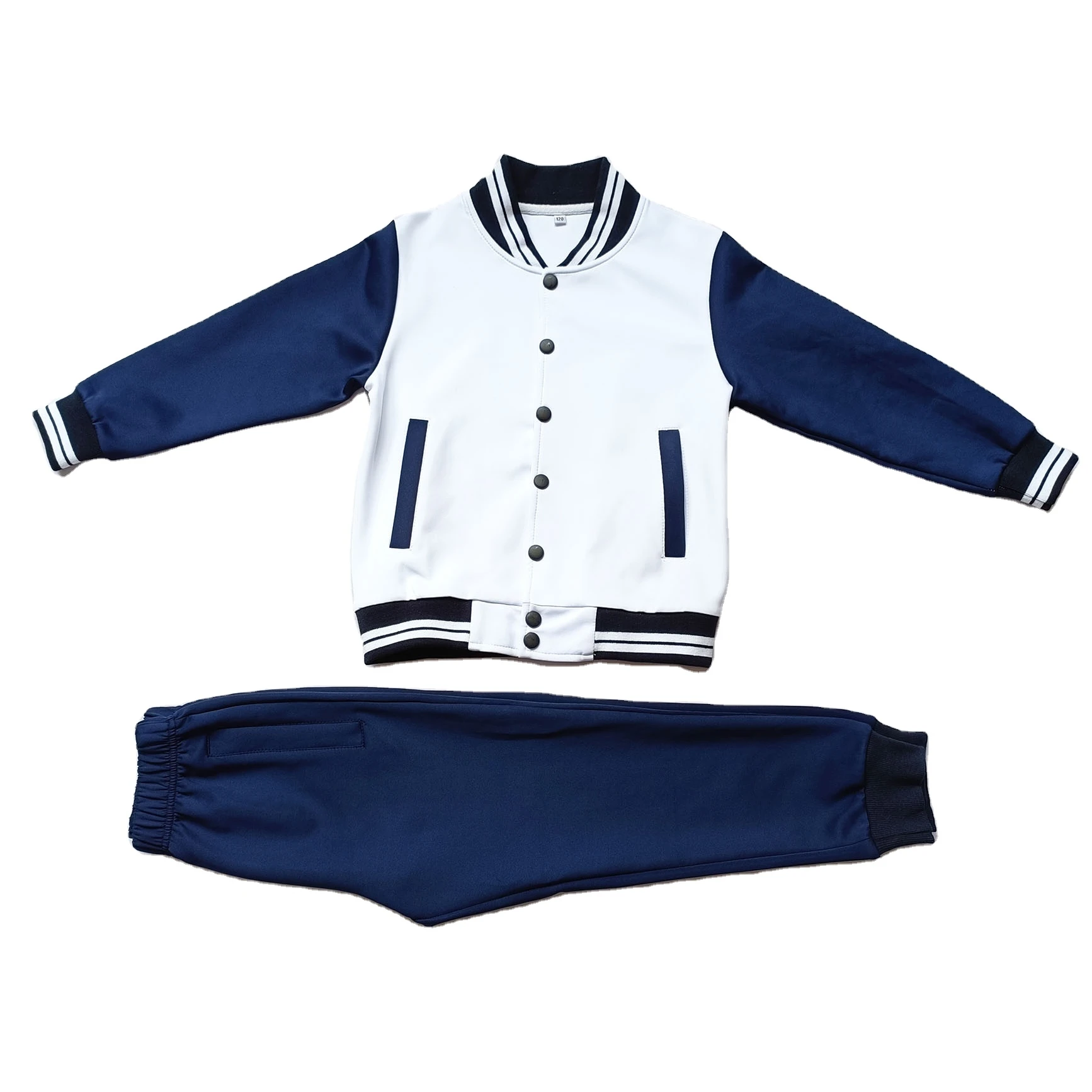 100sets custom white kids top+blue pants custom korean kids high school kindergarten student school uniform boy clothing set