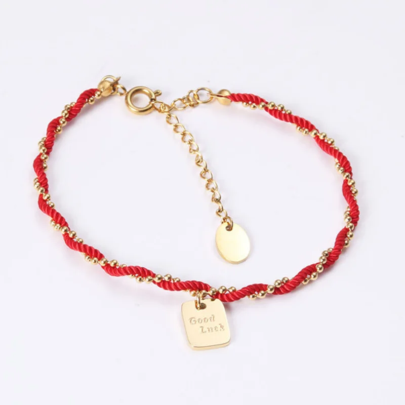 Unique Twist Red Rope with Bead Chain Double Layered Bracelet 18kt Gold Stainless Steel Bracelets with Square Lucky Pendant