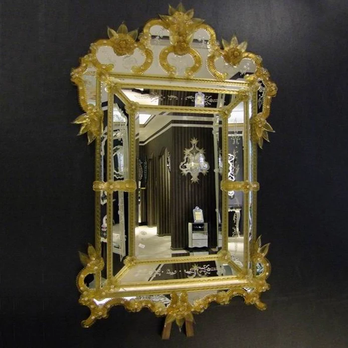 Factory Customized Luxury Gold Glass Irregular Handmade Beaded Engraved Murano Mirror Wall Mounted Living Room Room Mirror