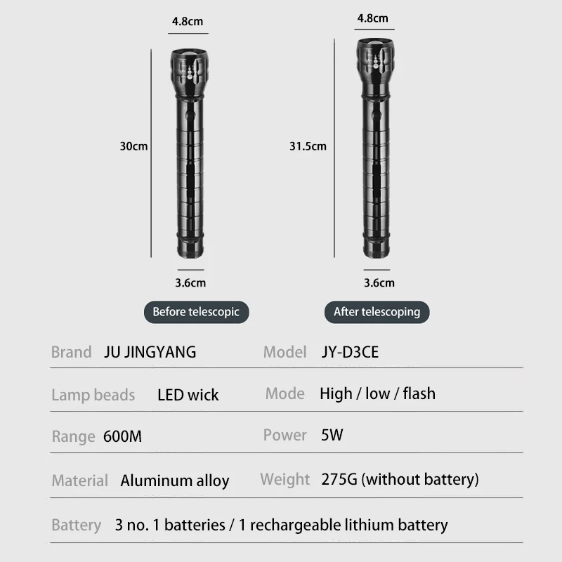 Zoom Flashlight Focusing Tactical Patrol Torch Camping  Self defense  LED Flashlight