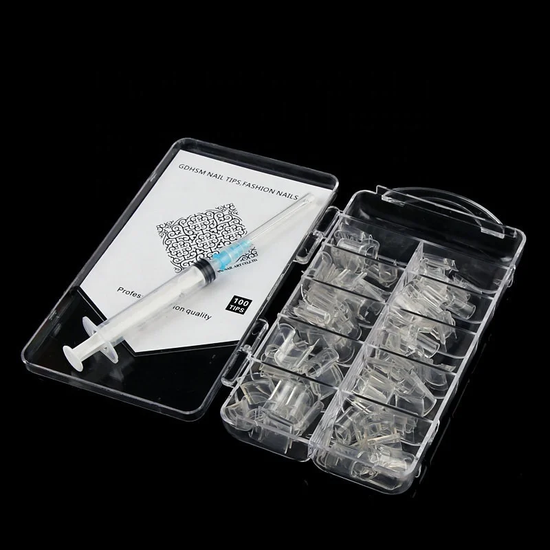 100 Pcs/Box New Nail Design Inject False Nails&1Pc Syringe#C Water Injection Artificial Hollow Nail
