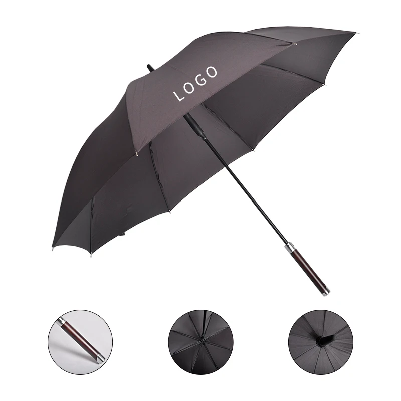 New Design high quality  auto open Windproof custom logo business Big Luxury with Natural Wood Handle Straight Golf Umbrella