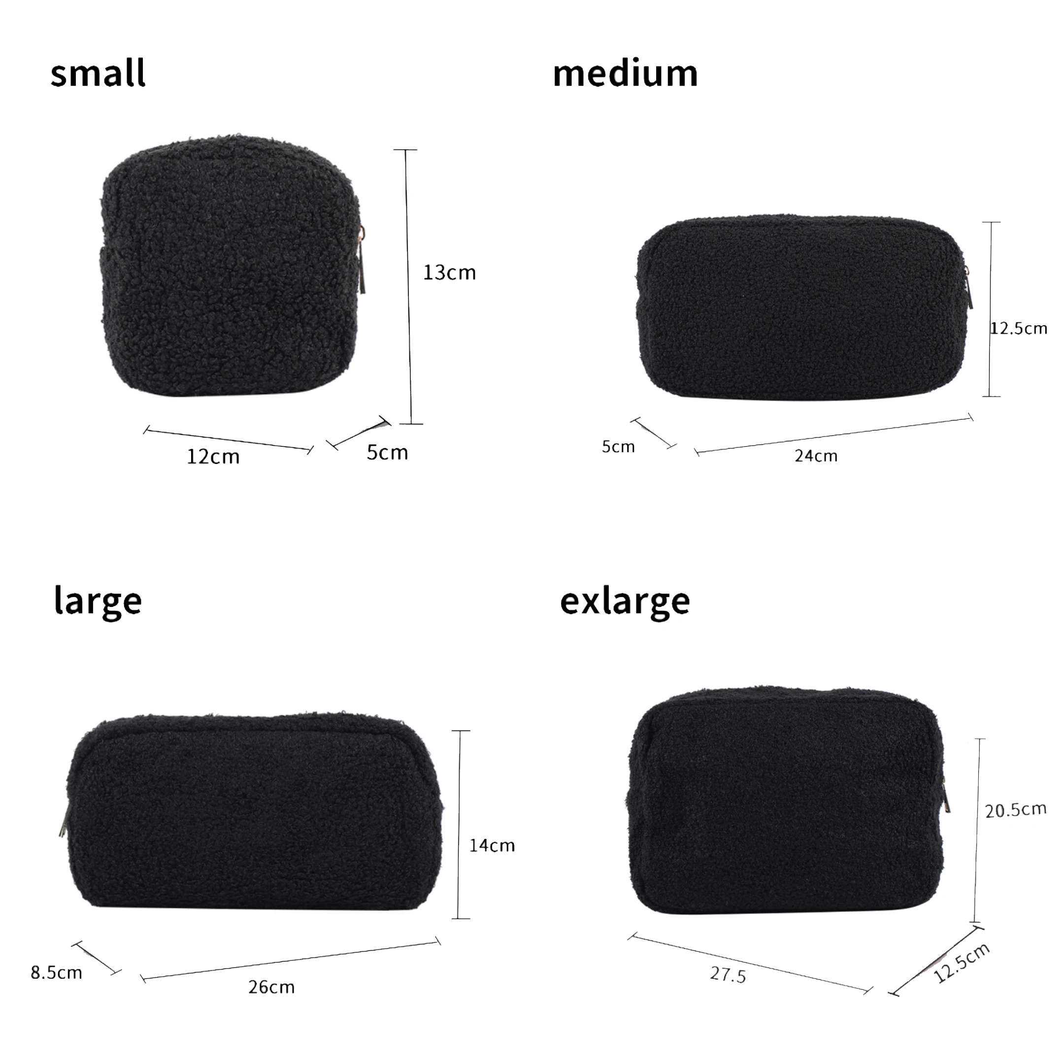 Fluffy Teddy Cute White Black Makeup Pouch Soft Fuzzy Pouches Portable Travel Zipper Plush Winter Sherpa Make up Cosmetic Bags