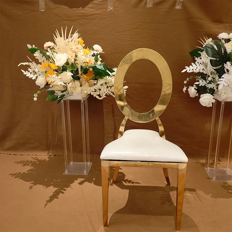 Hotel Banquet Wedding Events Party Round Oval Back Gold Metal Stainless Steel Stackable White Wedding Chairs