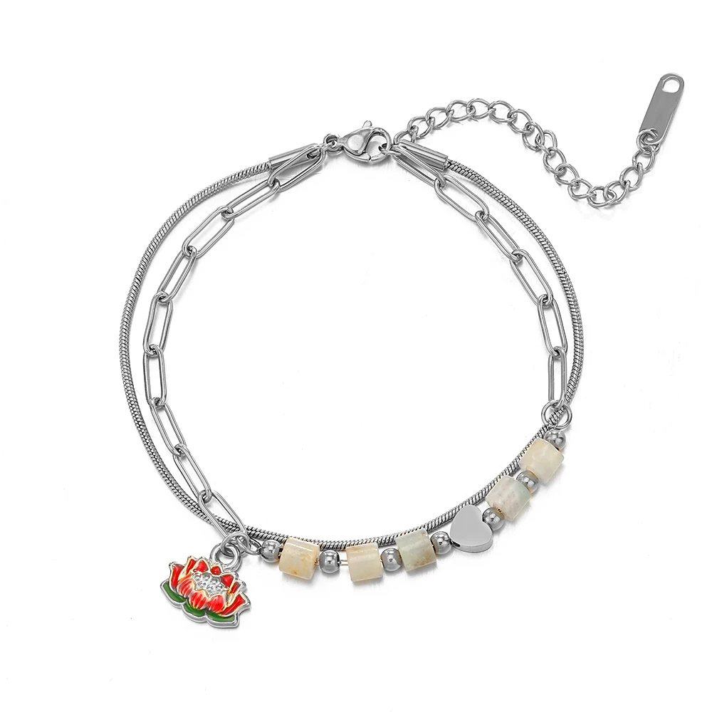 Fashion Stainless Steel Lotus Pendant Bracelet Charm Girl Multi Layer Natural Stone Heart Friends Bracelet For Women