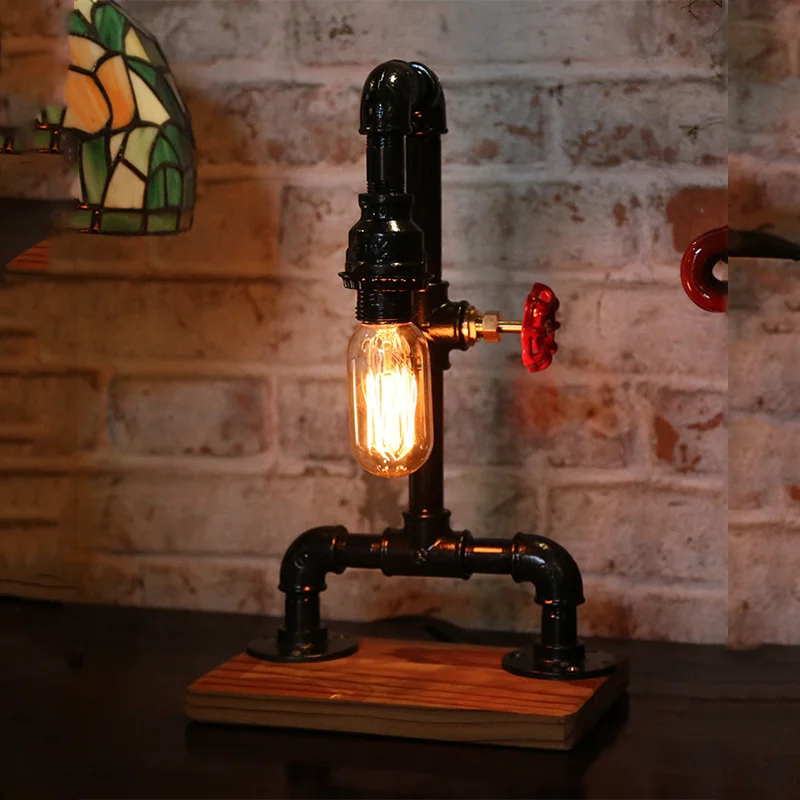 Modern Industrial Style Desk Lamp Wood Base with Iron Pipe and Glass Metal for Steampunk Wall Decor Home Interior Design