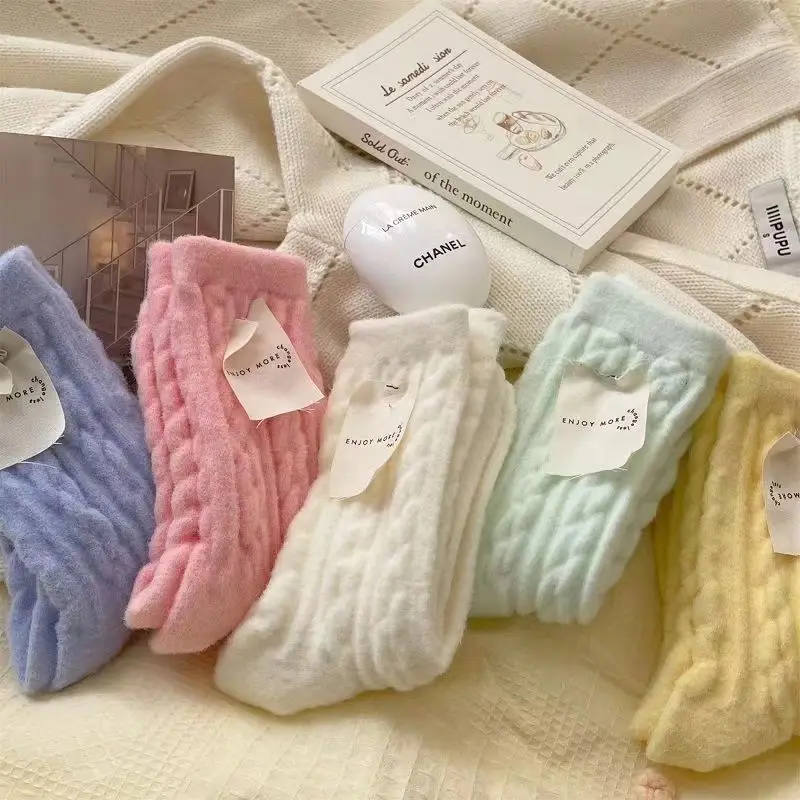 Macaron Color Soft Glutinous Plush Socks for Girls Autumn Winter Thickened Fleece Lined Mid-Tube Baby Socks Cold-Proof Crew High