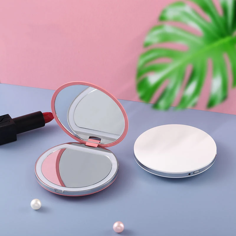 Private Label Cosmetic Handheld Makeup Mirror Round Folding Portable LED Vanity Mirror For Women