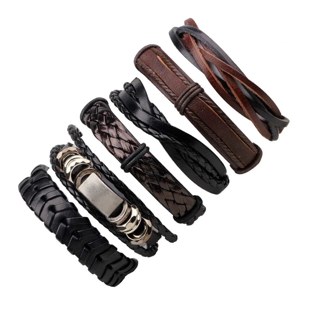 Wholesale  Custom DIY 6pcs Alloy Feather Leather Bracelet For Man