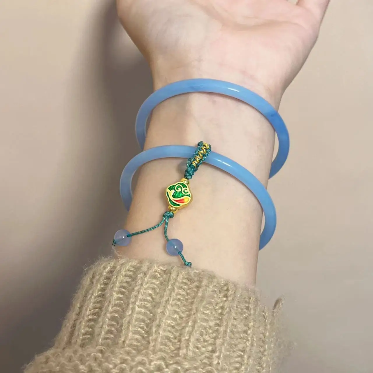 2pcs/set Chinese Style Gradient Color Imitation jade Bangle Simple Design Knot Cuff Bracelet chalcedony Glaze bracelet for Women